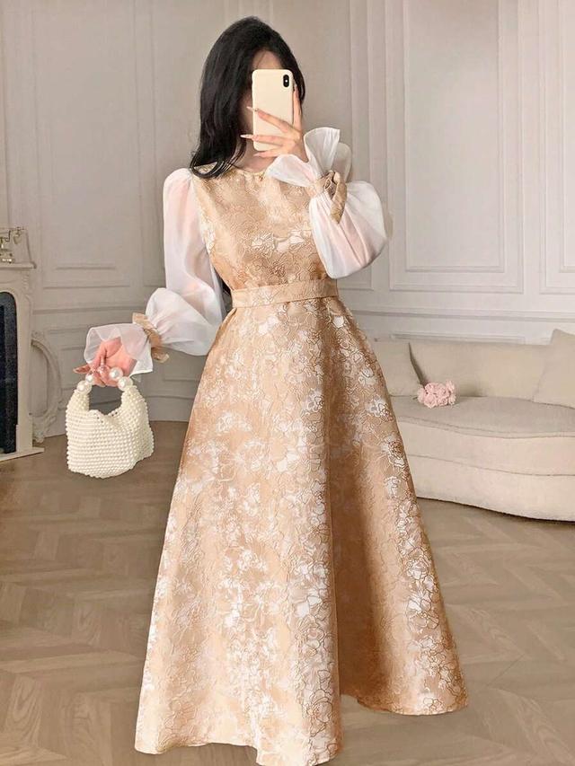patchwork embroidered jacquard cinched waist elegant dress
