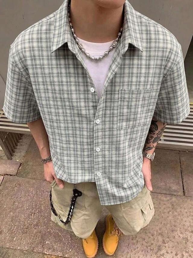 sage green small plaid short sleeve casual shirt