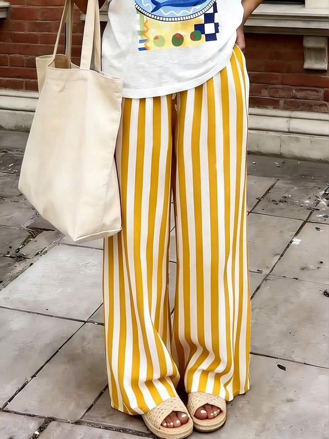 women's casual loose fit striped yellow trousers
