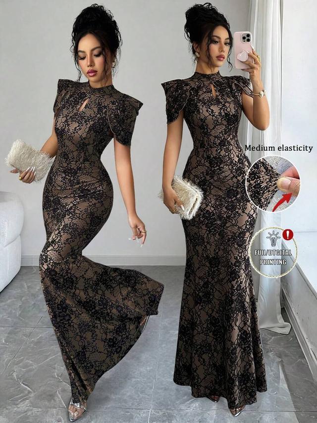 black lace jacquard mermaid hem long dress