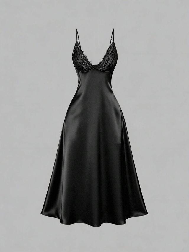 black v-neck contrast lace a-line satin midi dress