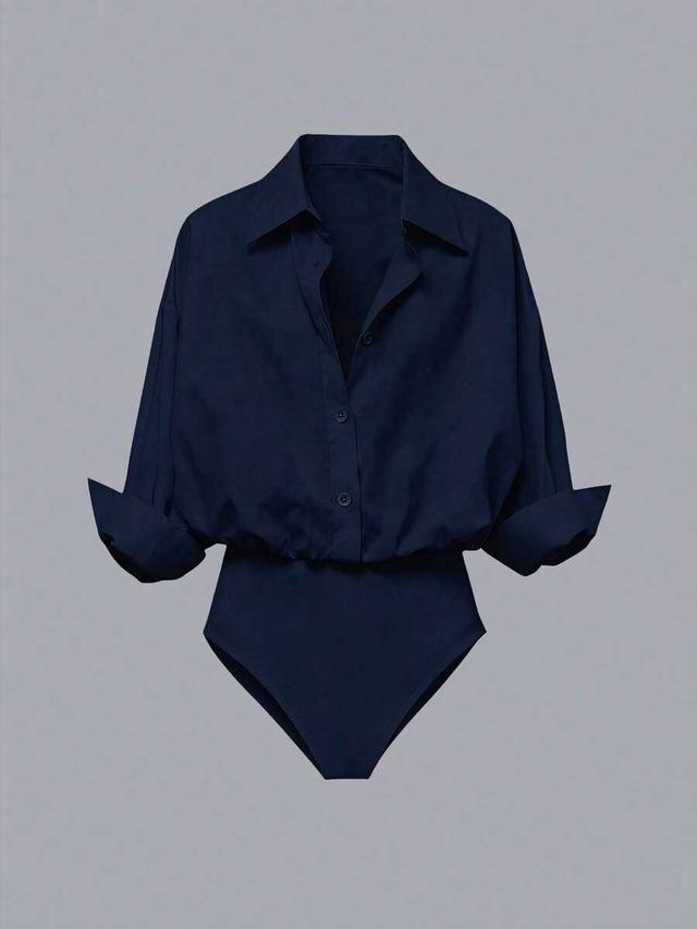 navy blue casual long sleeve shirt bodysuit