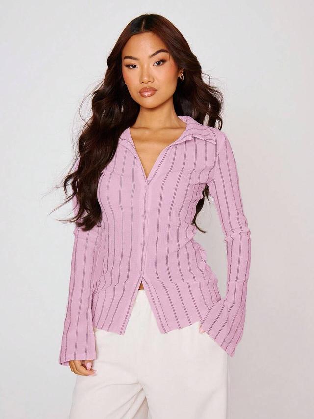musera fitted stripe flare long sleeve button up shirt