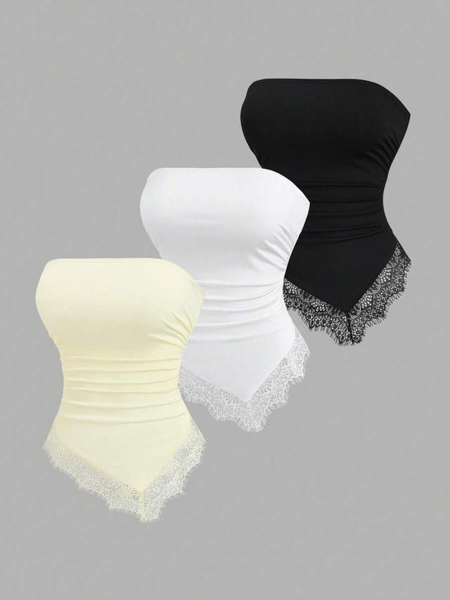 pale yellow lace patchwork asymmetrical hem strapless top set