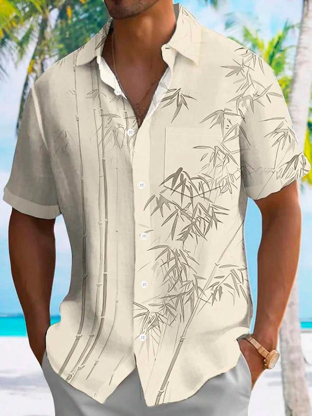vintage bamboo leaf print men's loose short sleeve shirt