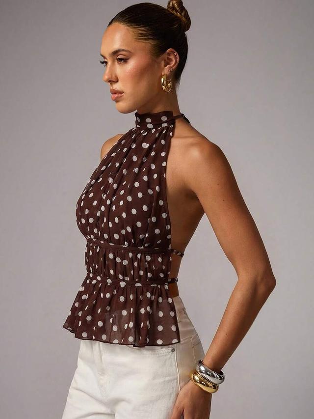brown and white polka dot halter neck tie top