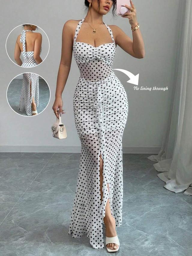 polka dot spaghetti strap backless fishtail dress