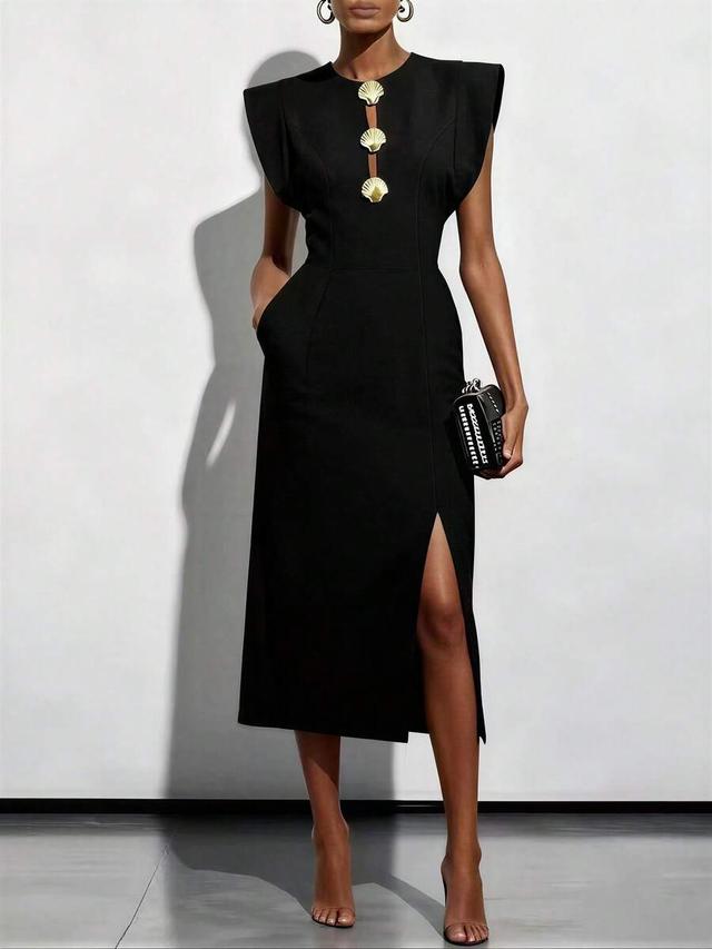 women's black shell button decor cap sleeve midi dress
