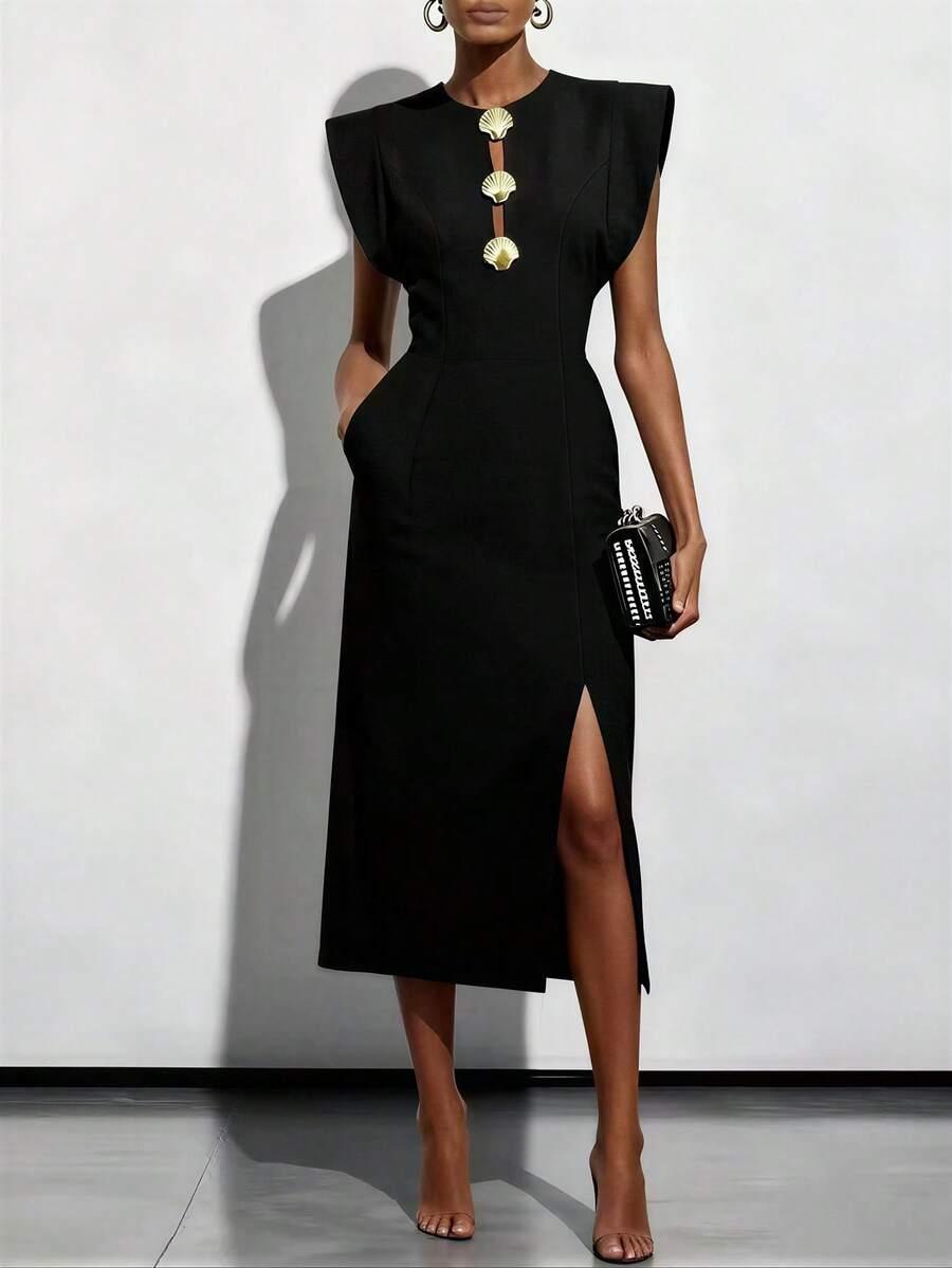 women's black shell button decor cap sleeve midi dress