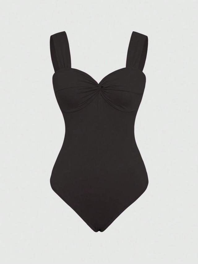sweetra women's solid black pleated summer bodysuit