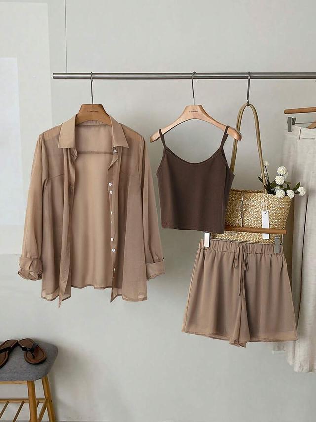 solid color woven sunscreen shirt camisole and shorts set
