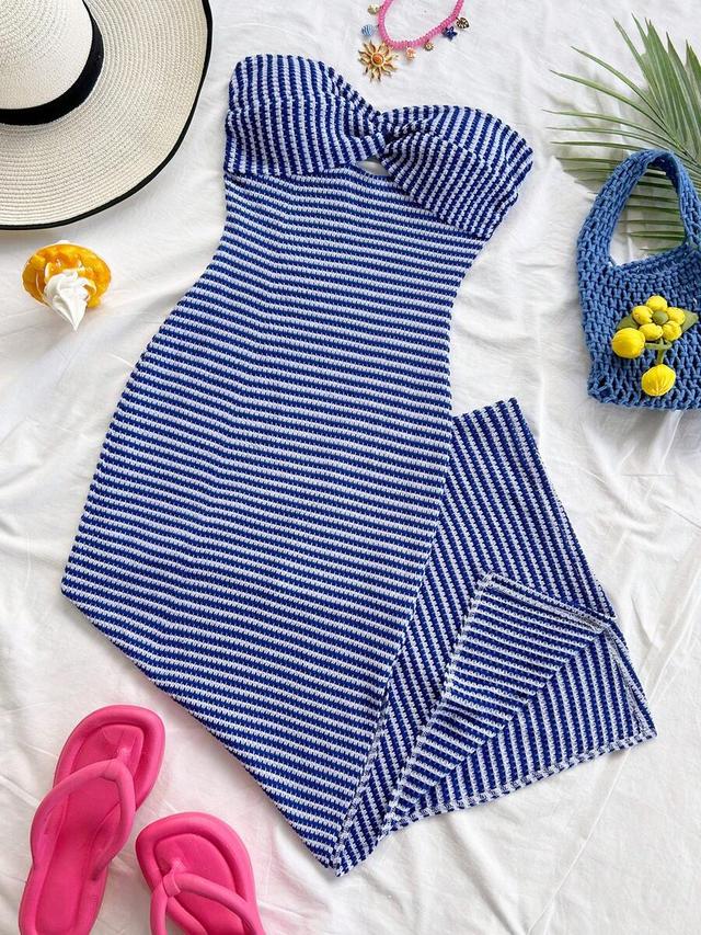 blue and white striped knit bodycon midi dress