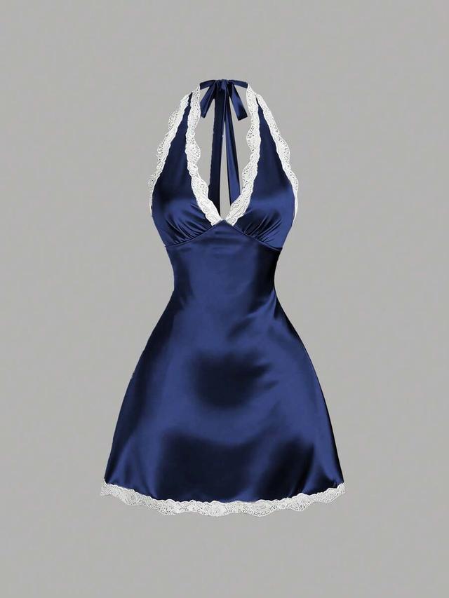 navy blue satin v-neck lace trim mini dress