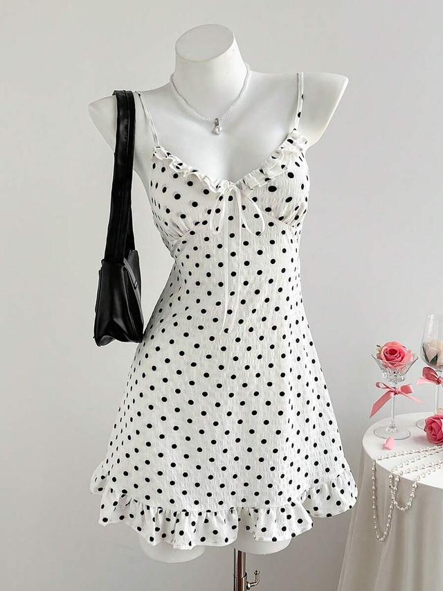 white with black polka dots ruffle hem cami dress