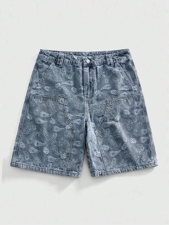 loose fit cashew flower jacquard denim shorts