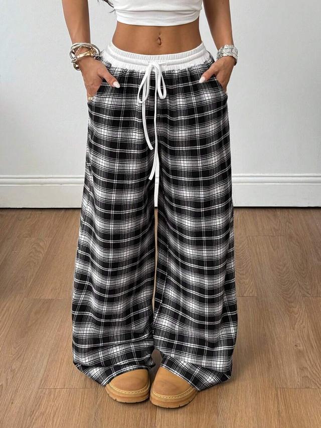 black and white plaid loose wide leg trousers