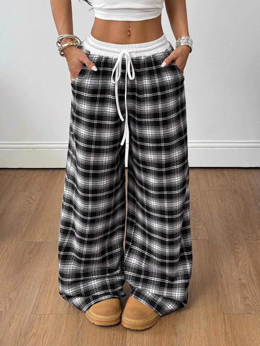 black and white plaid loose wide leg trousers