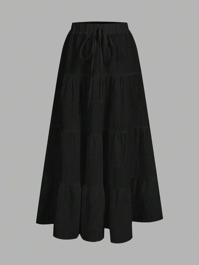 black tiered casual cotton midi skirt