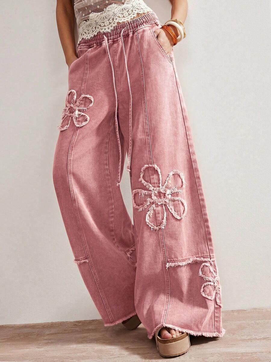 bohemela women's casual solid color washed denim pants