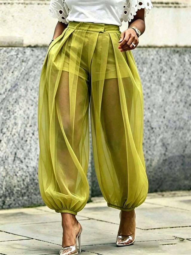 women's chic green woven fabric long jogger pants with sheer overlayer