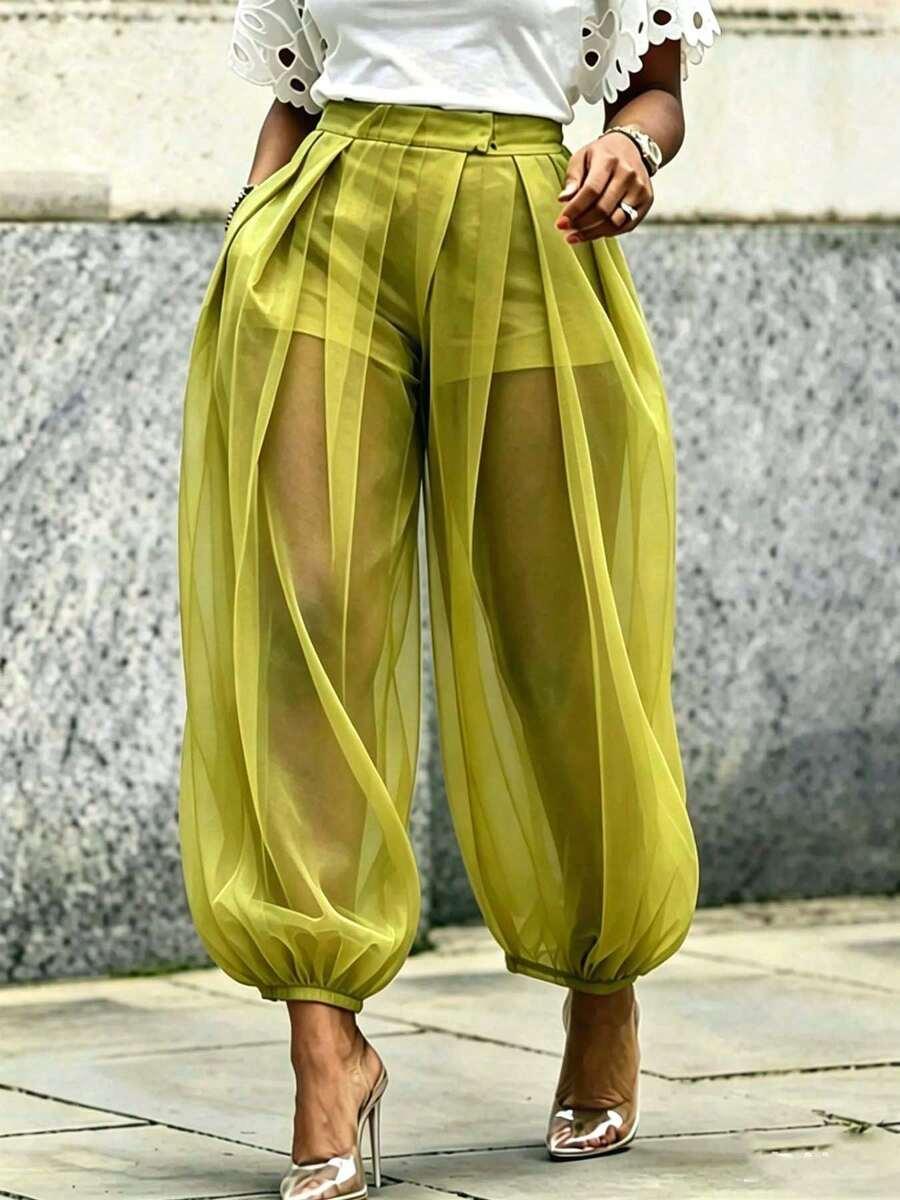 women's chic green woven fabric long jogger pants with sheer overlayer