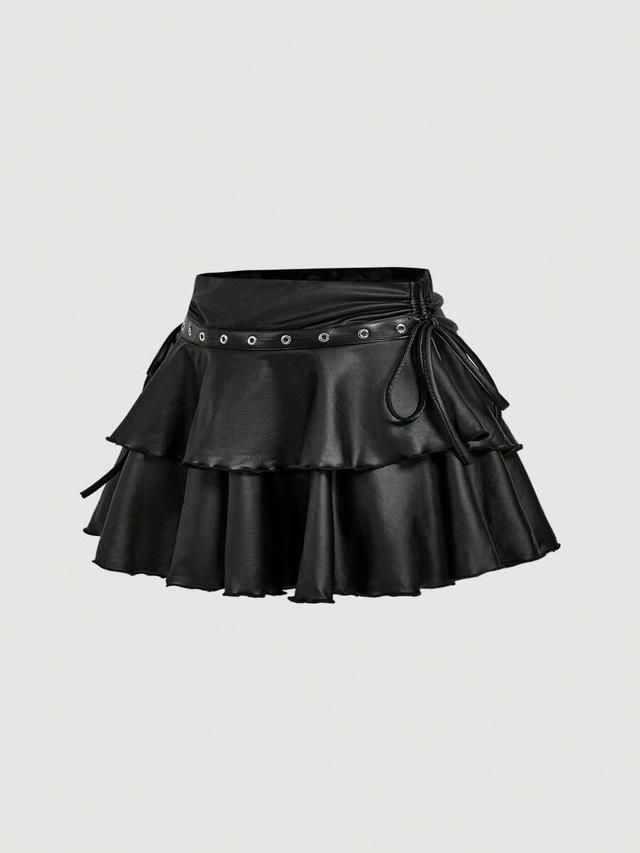 black pu leather drawstring ruffle mini cake skirt