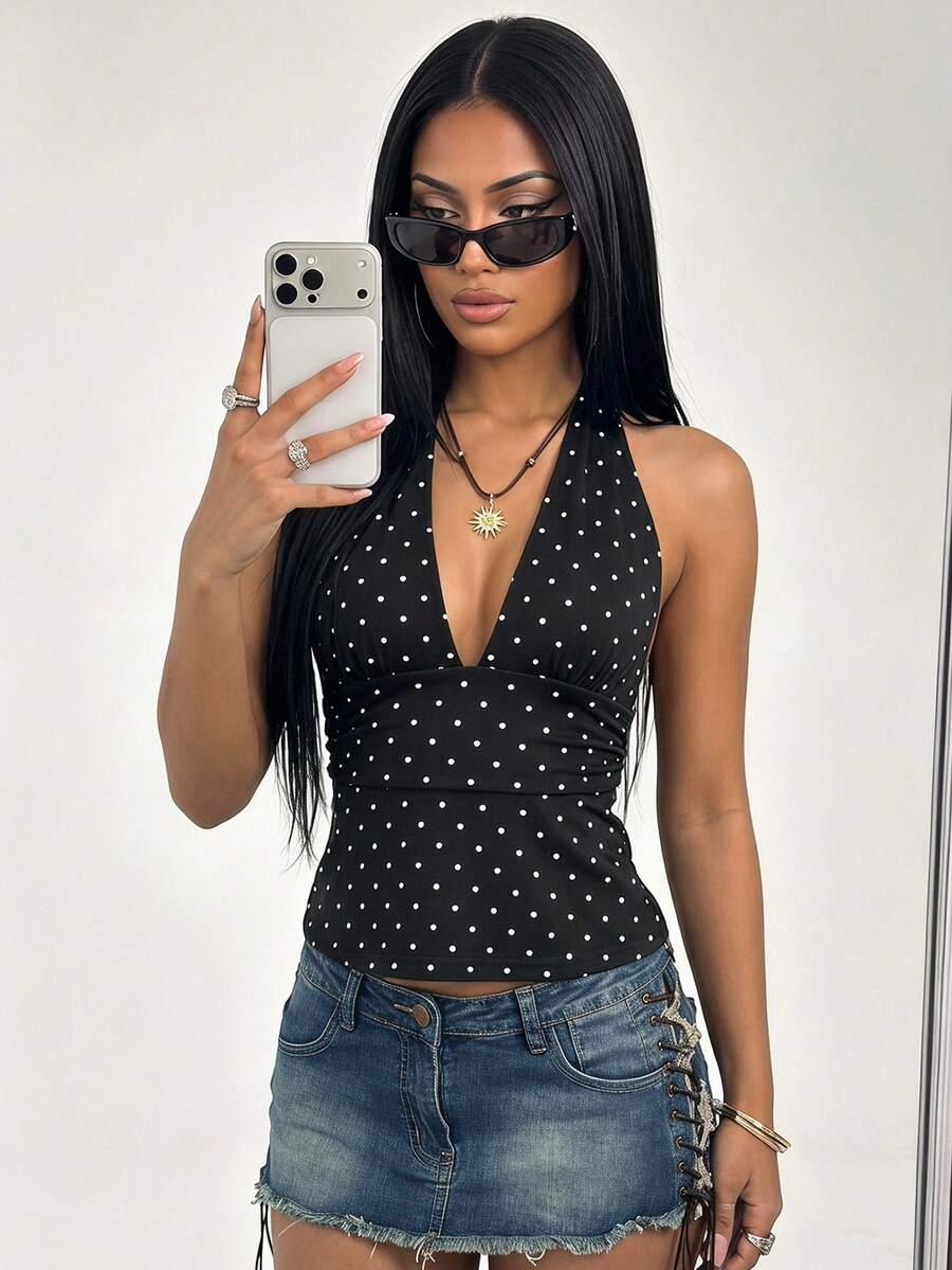 black polka dot halter deep v-neck wrap top