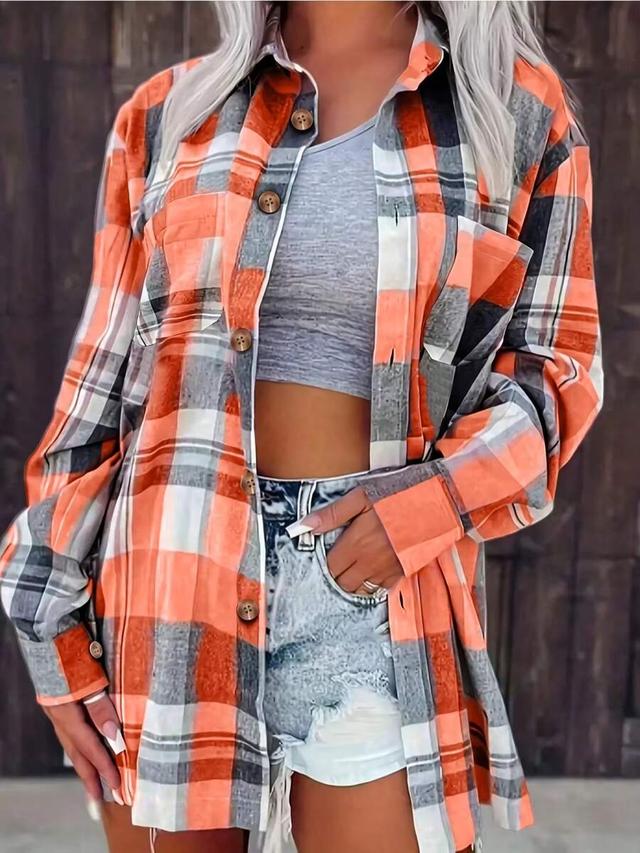 plaid button-down pocket long sleeve casual shirt