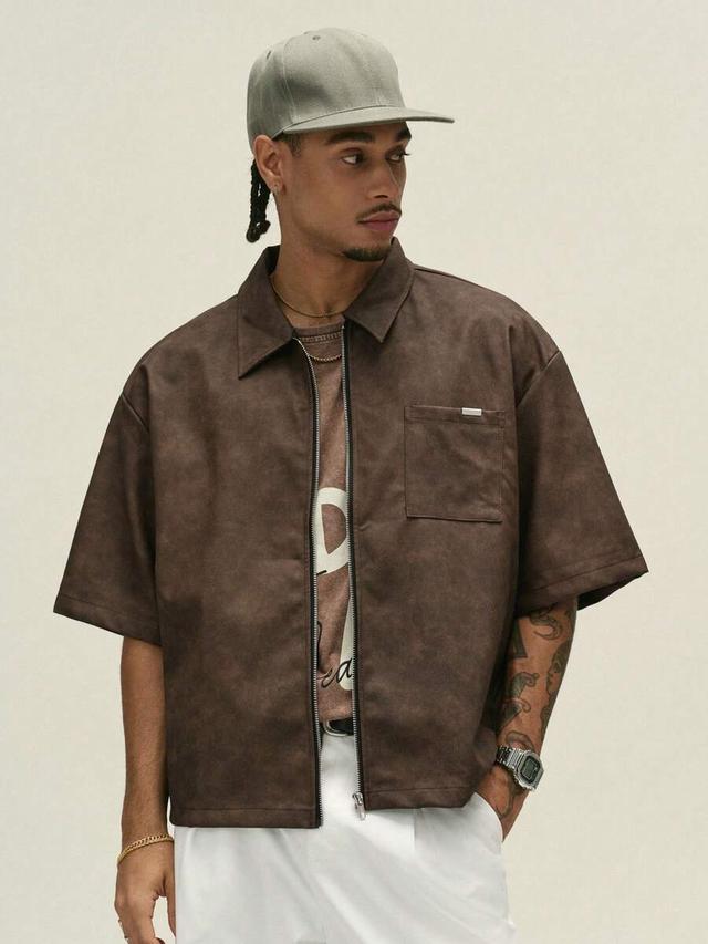 textured brown pu zip-up boxy shirt