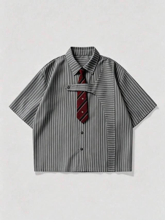 grey striped short sleeve button-up shirt with tie