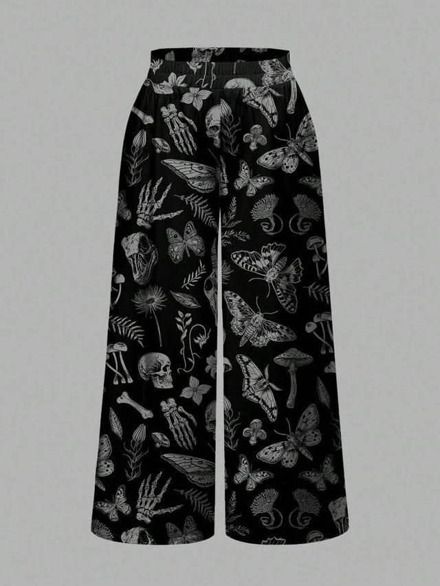 gothic floral skull moth print wide leg pants