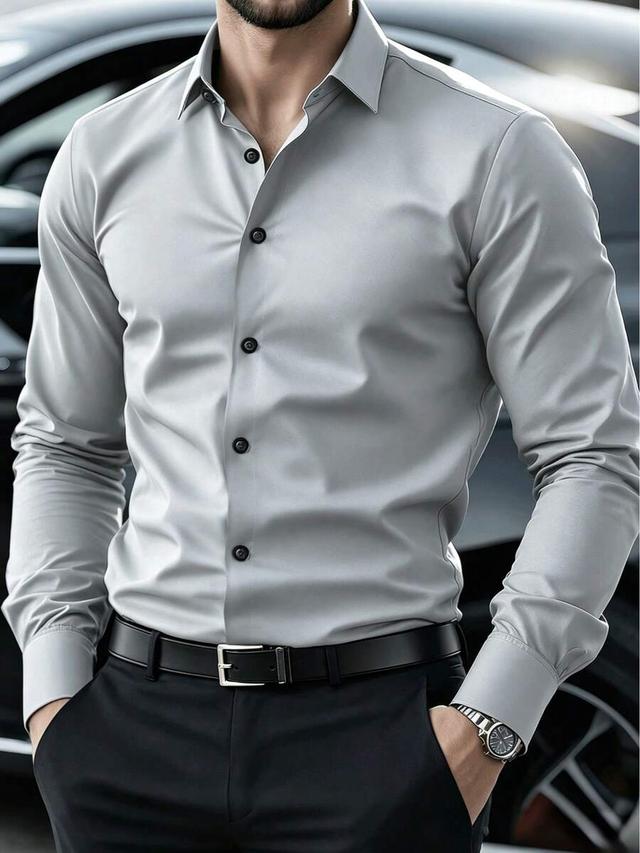 men's casual formal light gray long sleeve shirt