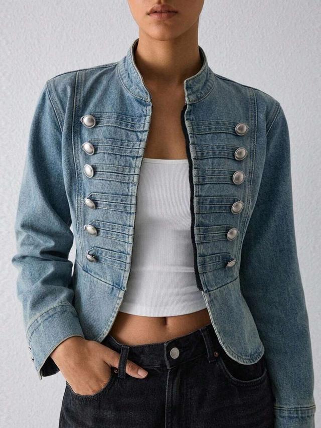 denim military style jacket with silver buttons
