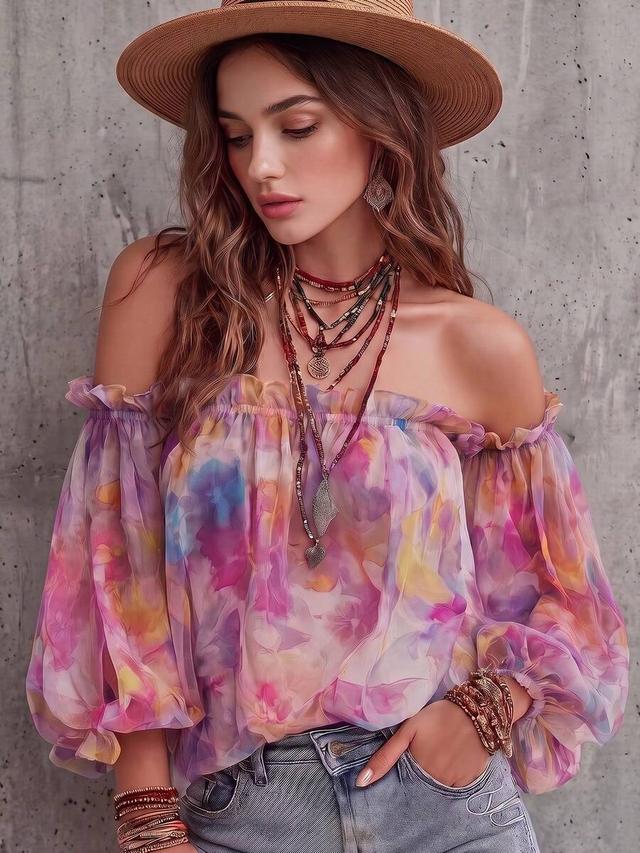 floral print off-shoulder sheer vacation top