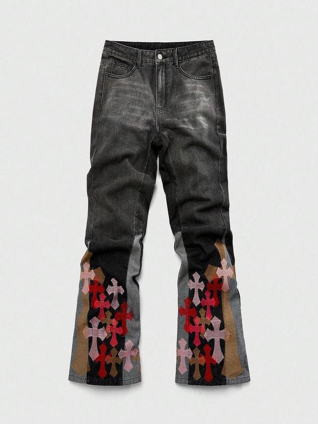 men's fashionable retro contrast color patchwork cross embroidery jeans