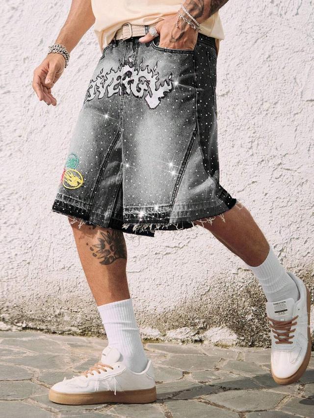 sparkling diamond patchwork contrast color denim shorts