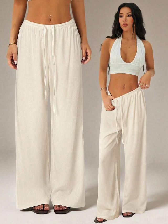 beige solid color tie waist wide leg pants