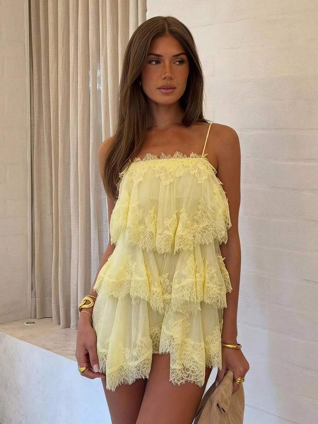 yellow chiffon cami dress with lace trim