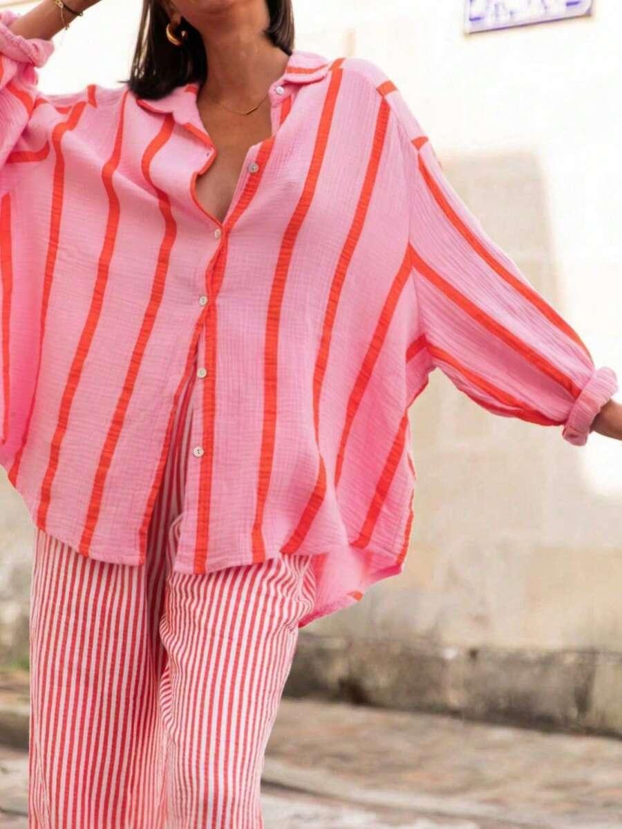 women's pink stripe loose cotton blouse
