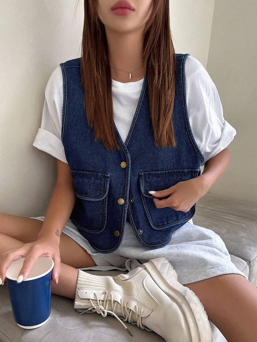denim flap pocket button front vest jacket
