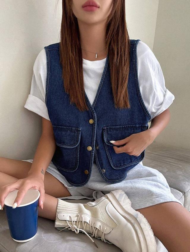 denim flap pocket button front vest jacket