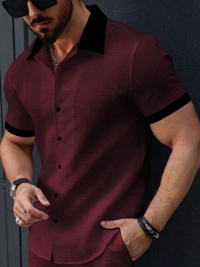 burgundy textured short sleeve button up shirt