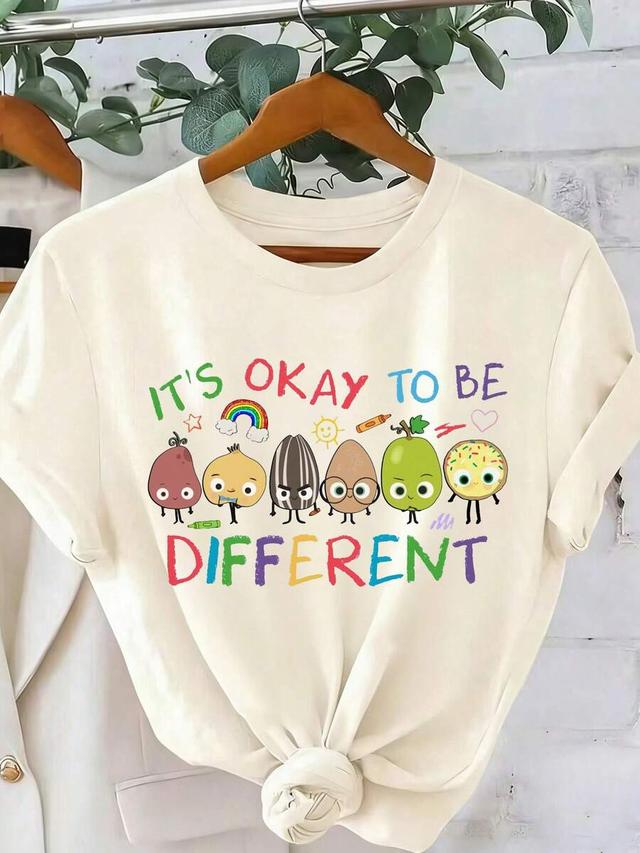 beige graphic print crew neck t-shirt