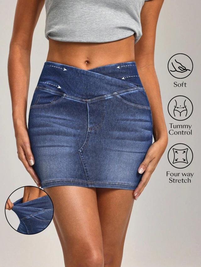 crossover waist denim mini skirt