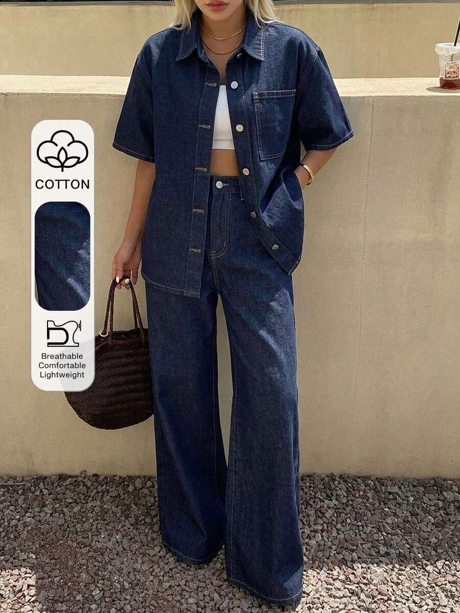 navy blue washed denim short sleeve casual set