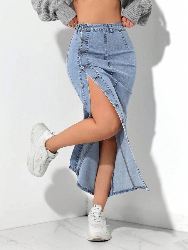 light wash denim midi skirt with side button detail