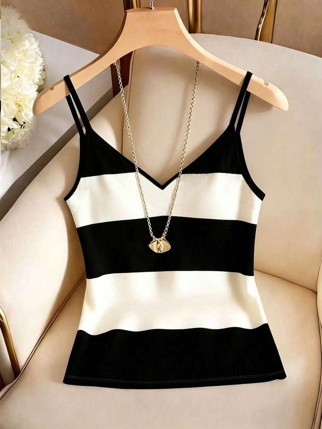 black and white colorblock striped v-neck cami top