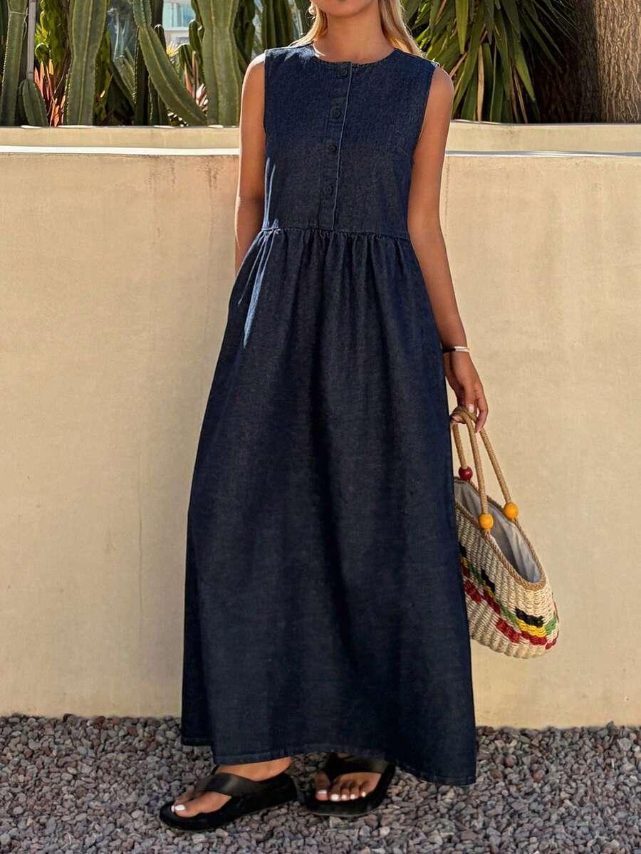 sleeveless dark wash denim midi dress
