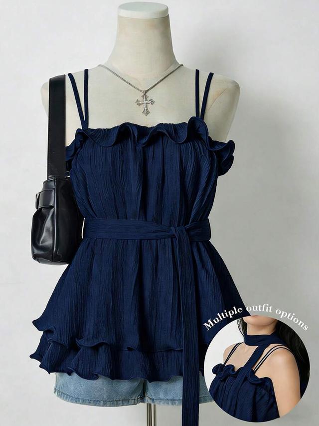 resyla navy blue ruffled hem tie waist camisole