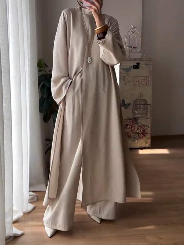 minimalist beige tunic and loose pants coord set